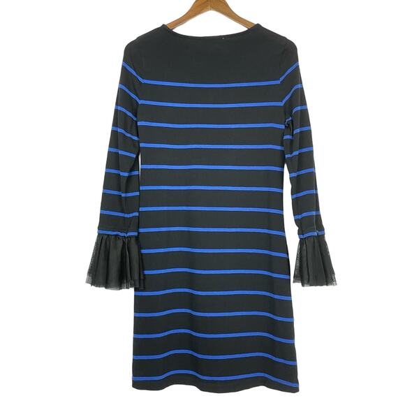 BeachLunchLounge | Black & Blue Stripe Tulle Ruffle Cuff Shift Sweater Dress - Picture 2 of 7